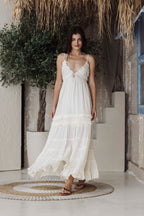 Elegant White Tiered Boho Maxi Dress for Women | Flowy Resort & Summer Vacation Dress
