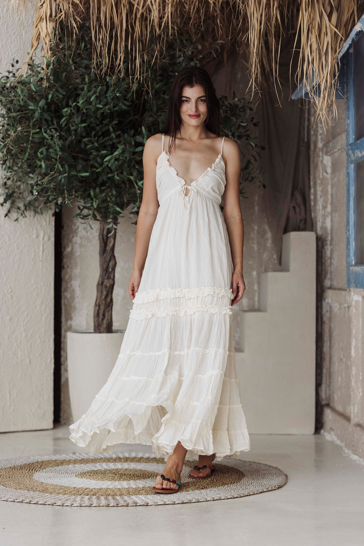 Elegant White Tiered Boho Maxi Dress for Women | Flowy Resort & Summer Vacation Dress