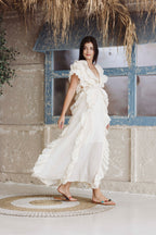 White Ruffle Maxi Dress for Women – Elegant Boho Summer Vacation Dress