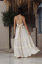 Luxury White Halter Neck Boho Maxi Dress for Women | Elegant Resort & Beachwear Dress