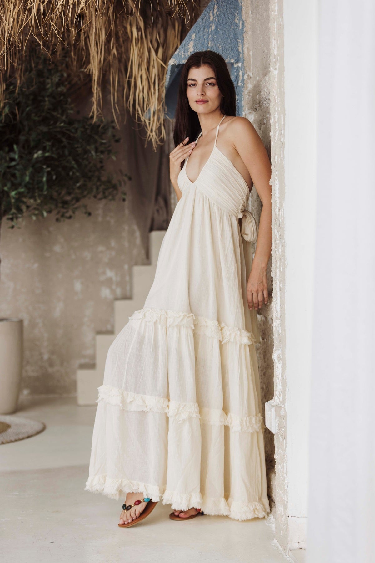 Luxury White Halter Neck Boho Maxi Dress for Women | Elegant Resort & Beachwear Dress