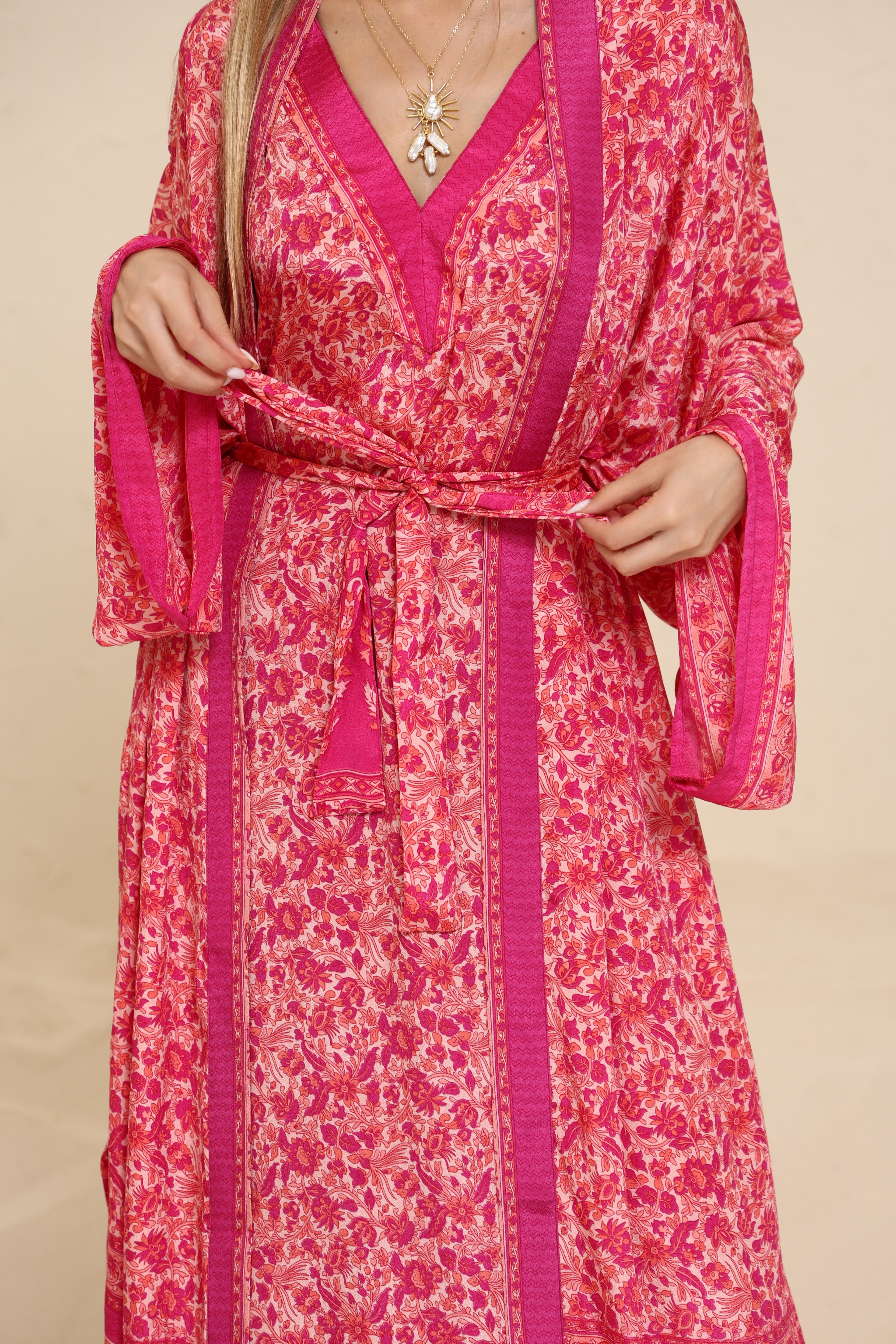 Printed Magenta Kimono - Long