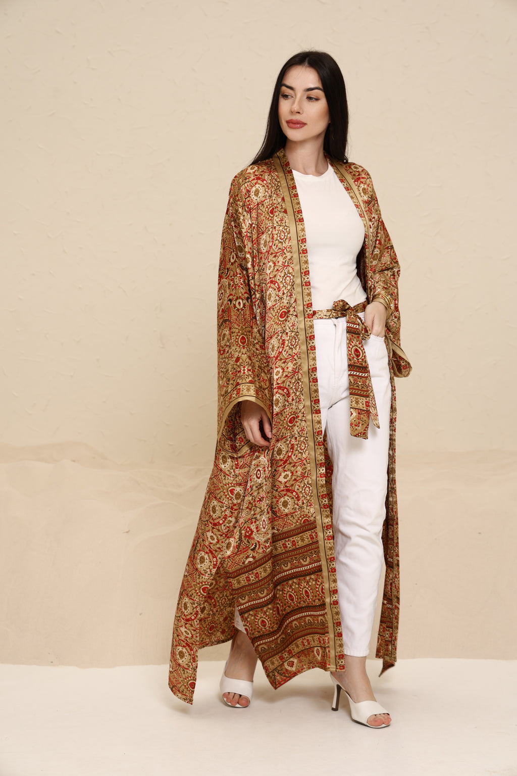 Printed Brown Kimono - Long