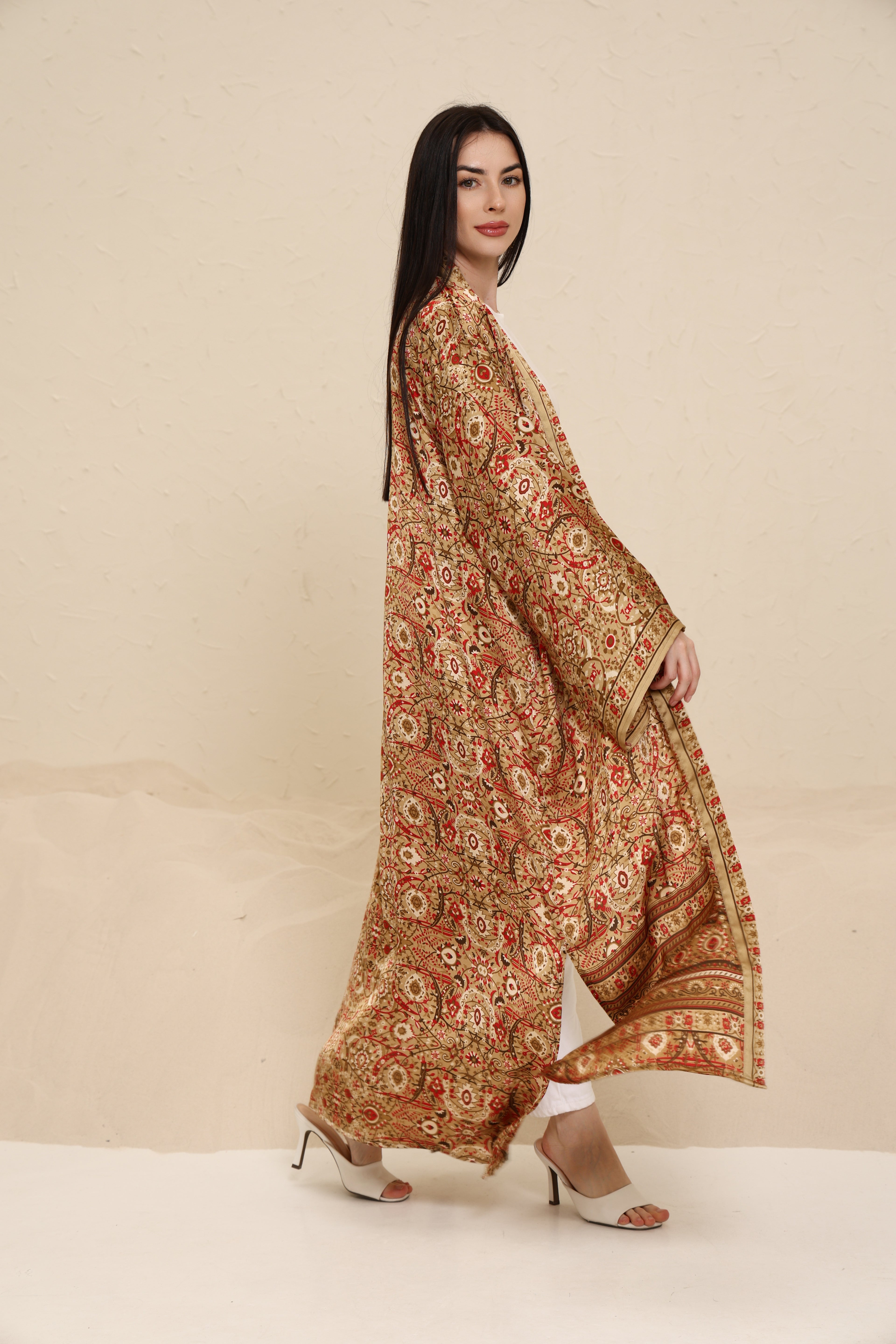 Printed Brown Kimono - Long