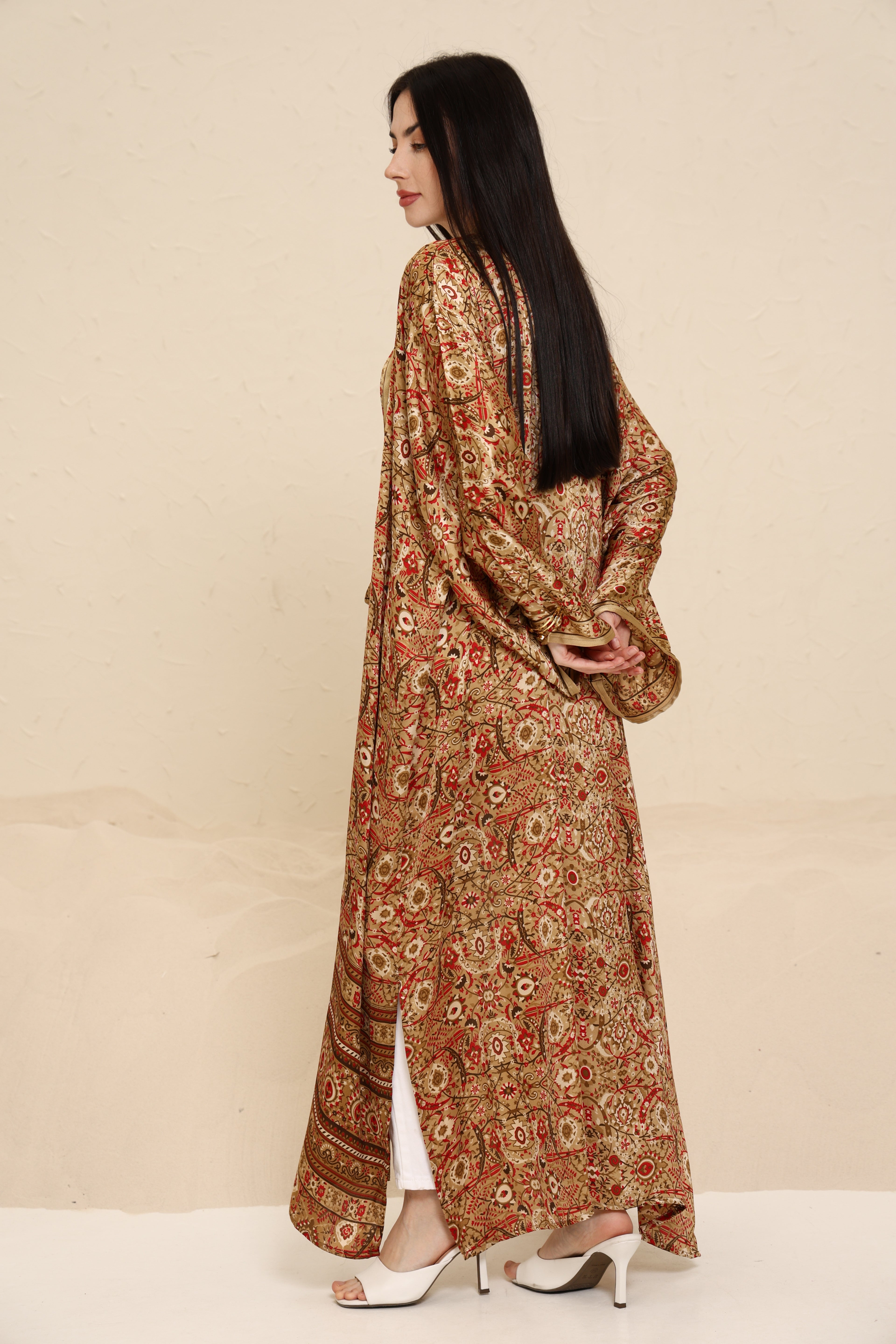Printed Brown Kimono - Long