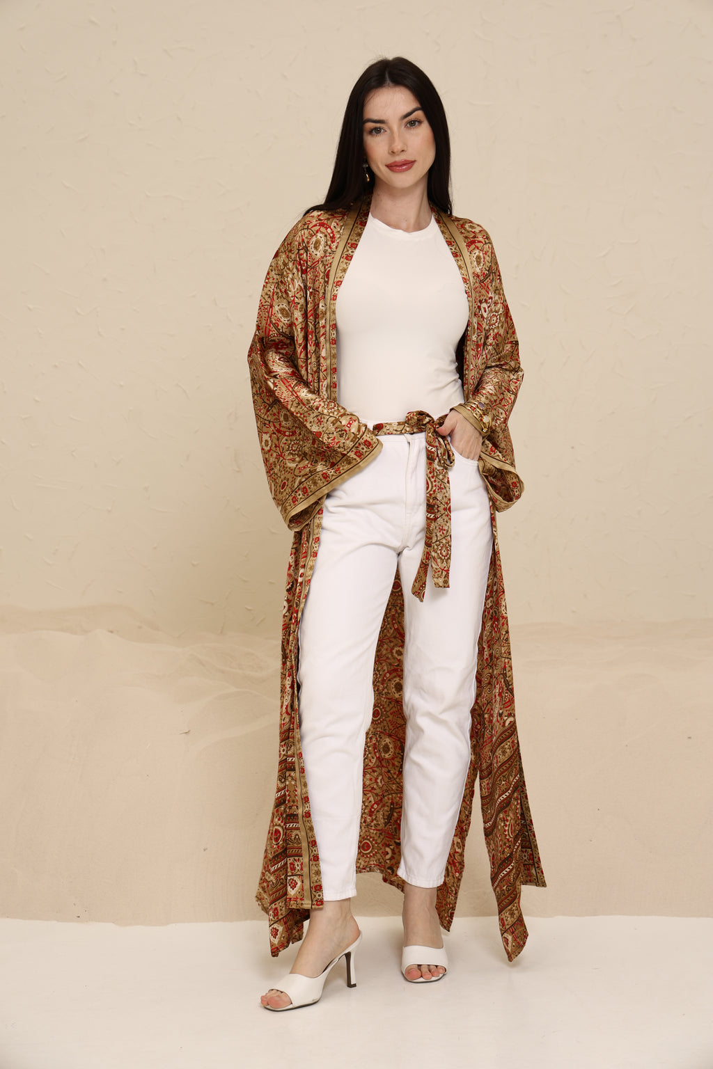 Printed Brown Kimono - Long