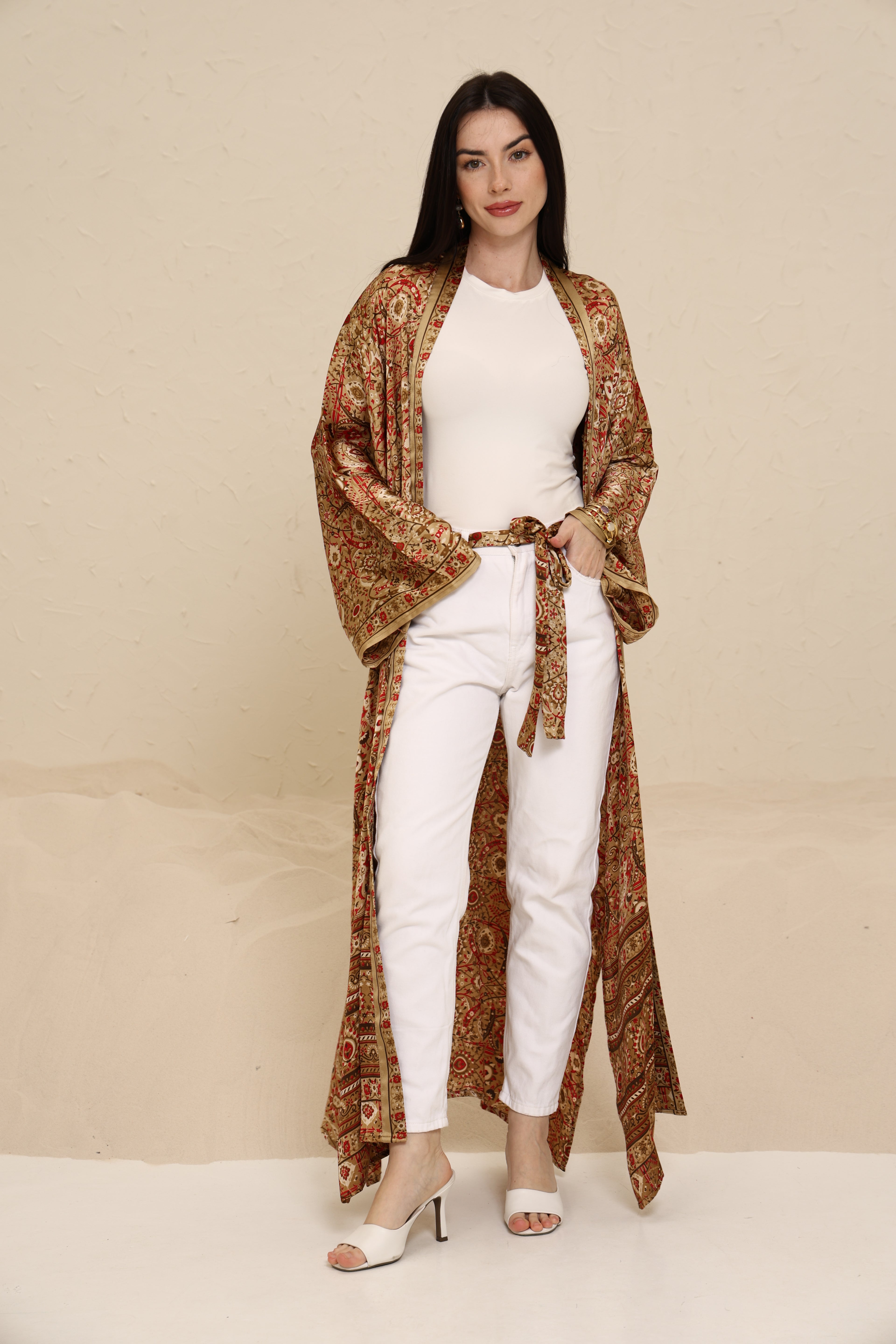 Printed Brown Kimono - Long