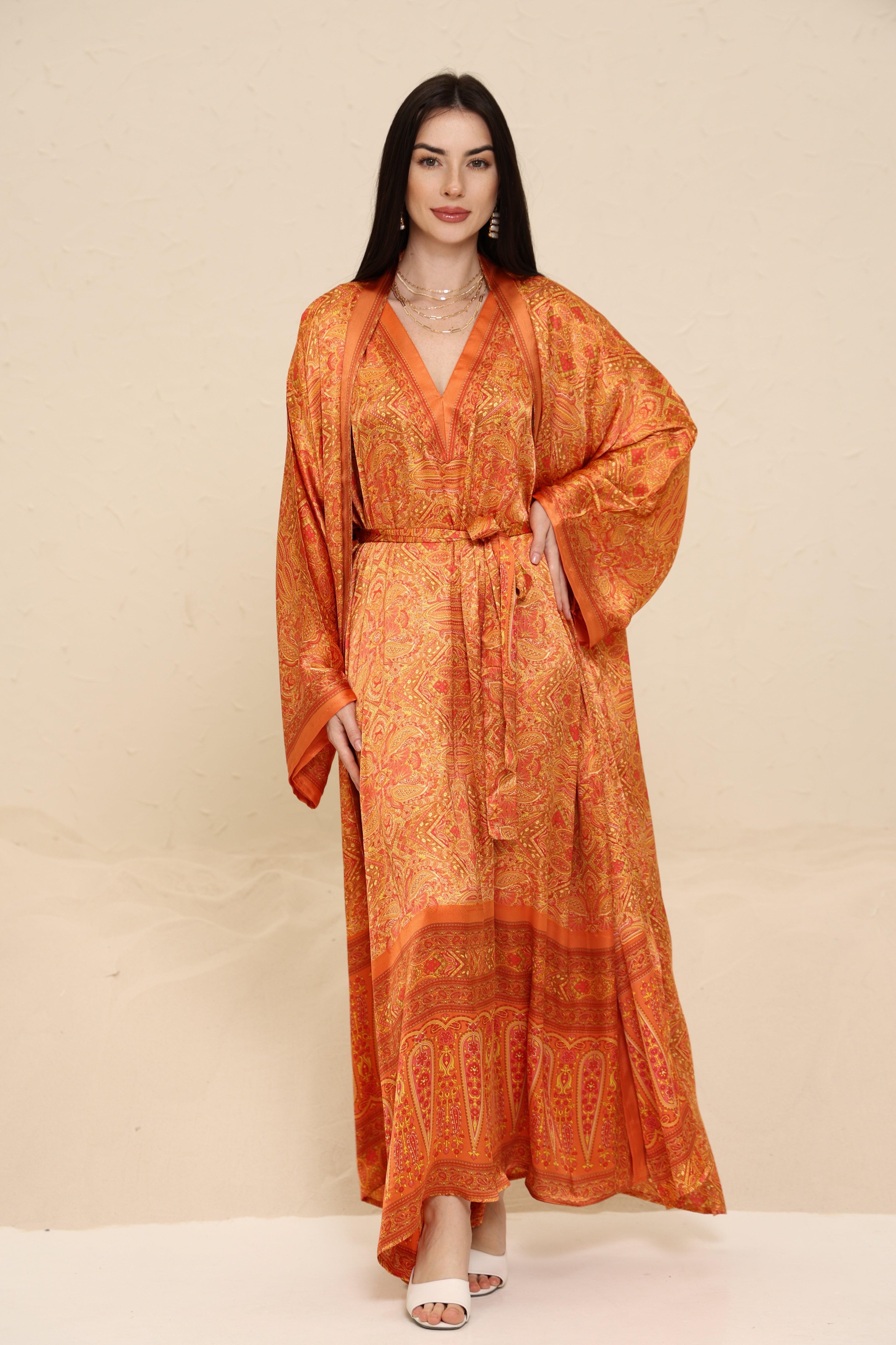 Printed Orange Kimono - Long