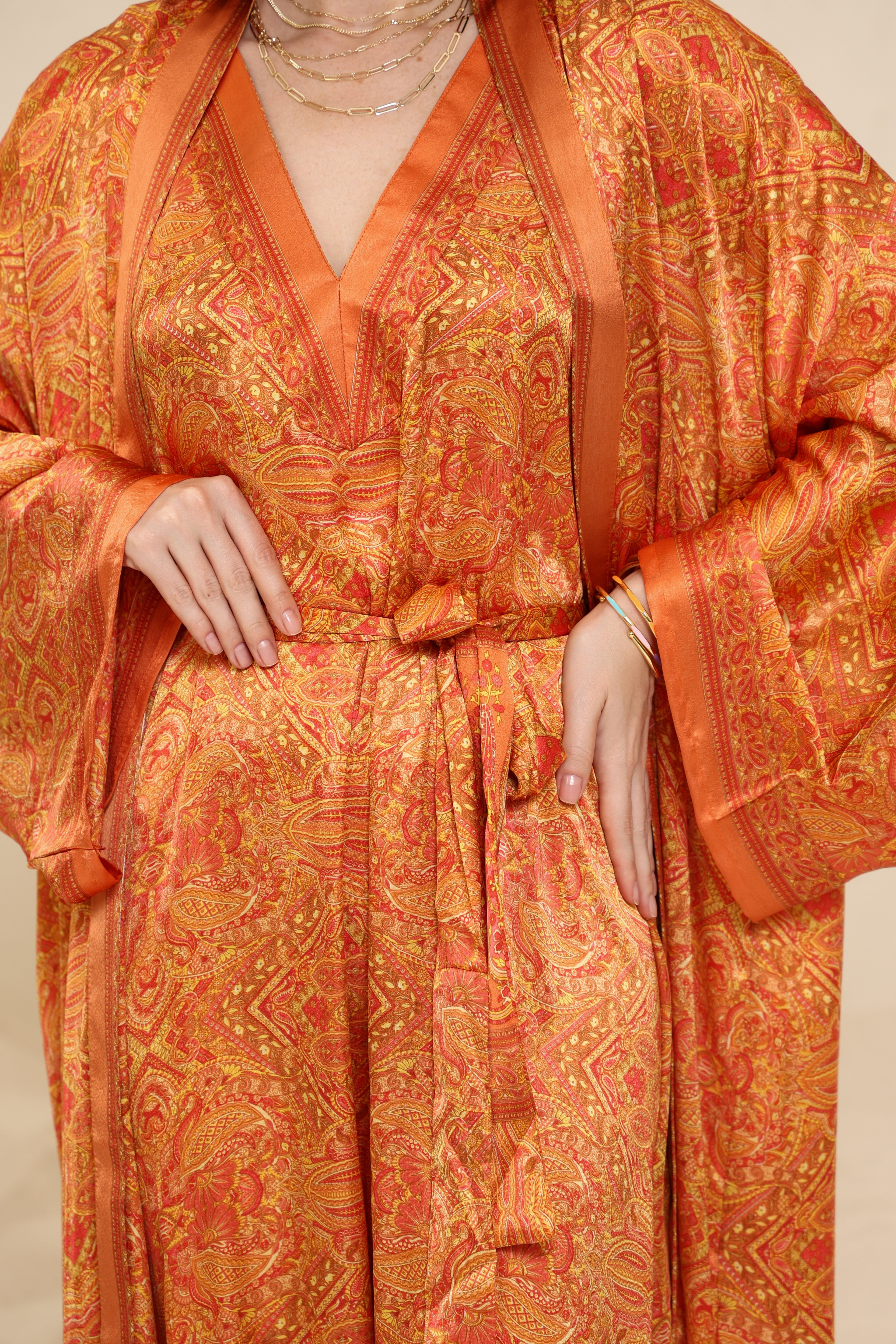 Printed Orange Kimono - Long