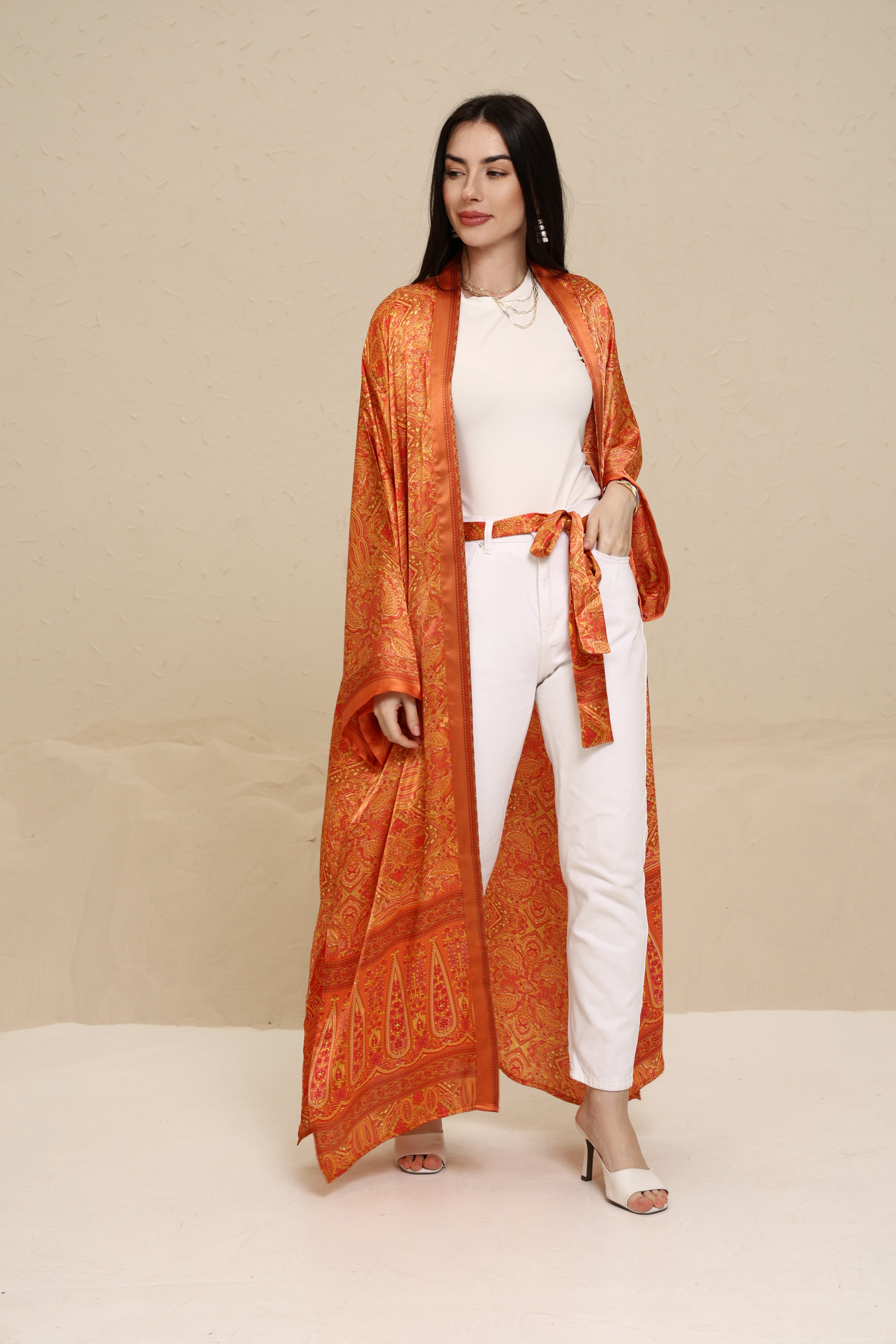 Printed Orange Kimono - Long