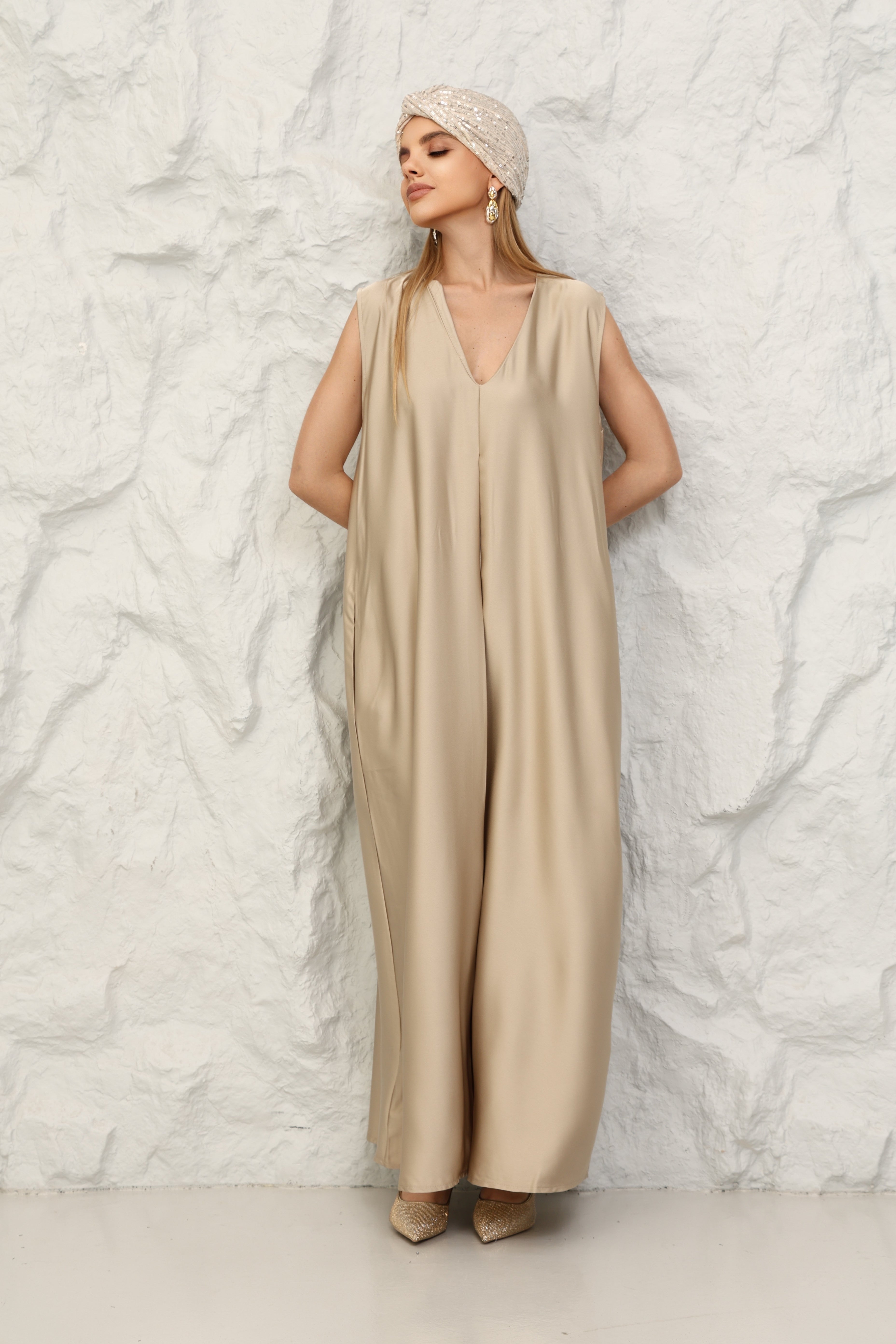 Elegant Beige Satin Maxi Inner Dress for Women