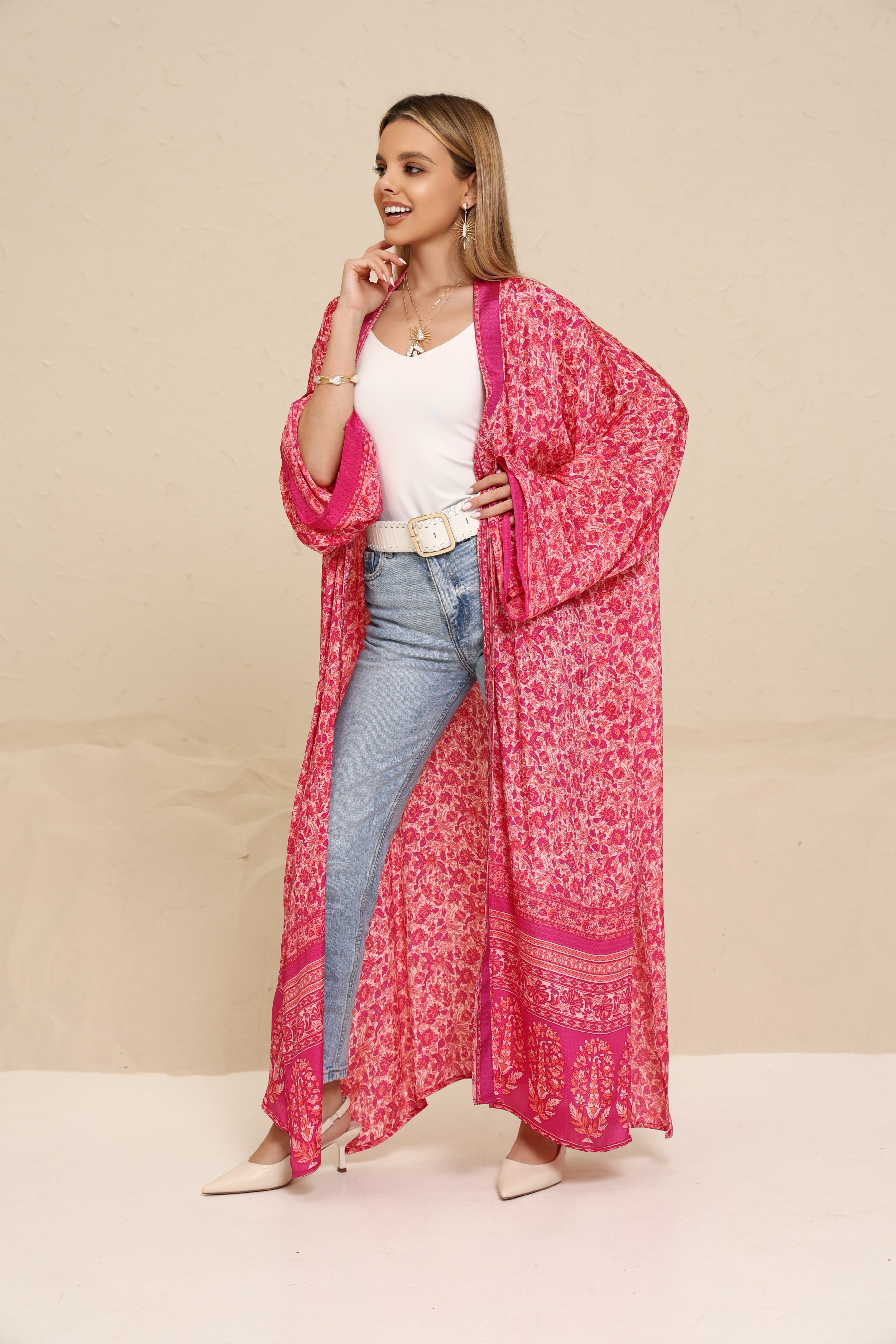 Printed Magenta Kimono - Long